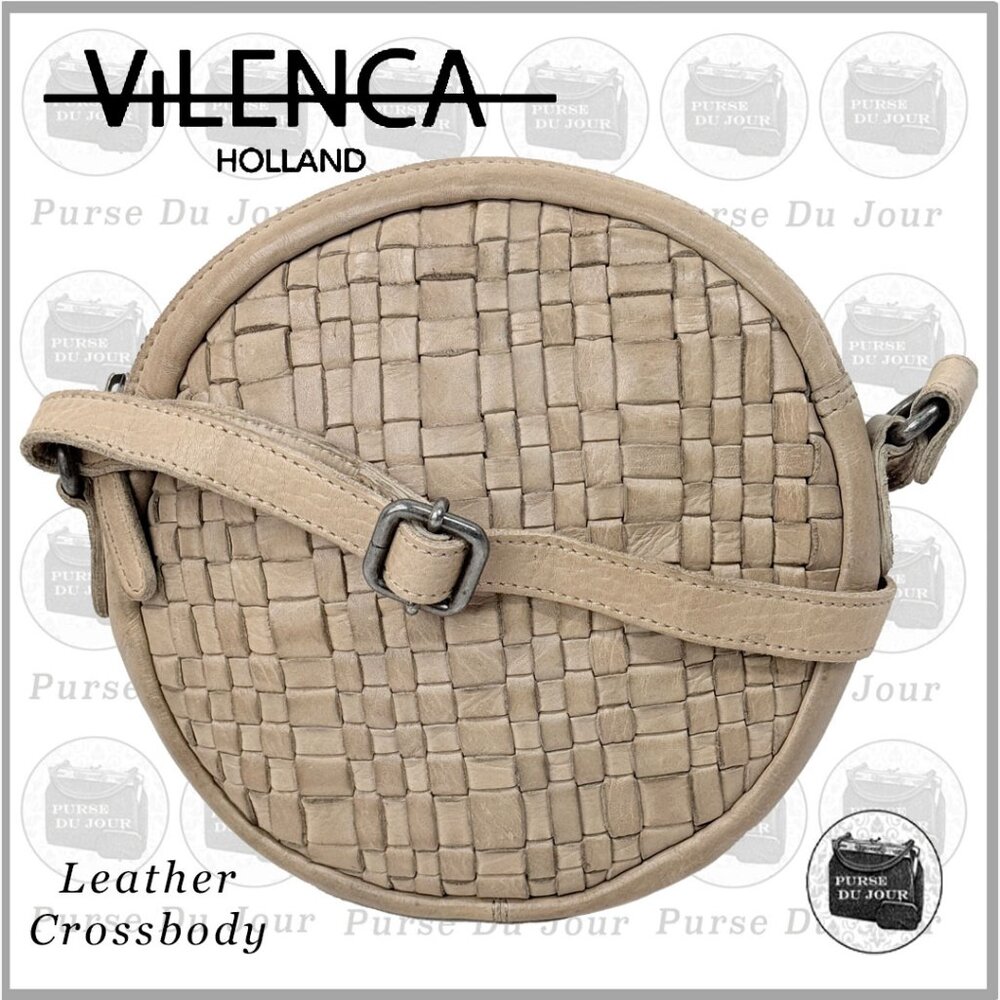 Vilenca Holland Beige Taupe Woven Leather Round Sling Crossbody Purse TK171